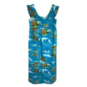 Vintage Hukilau Fashions Honolulu Hawaiian Maxi Dress Blue Surfer Print Size 10